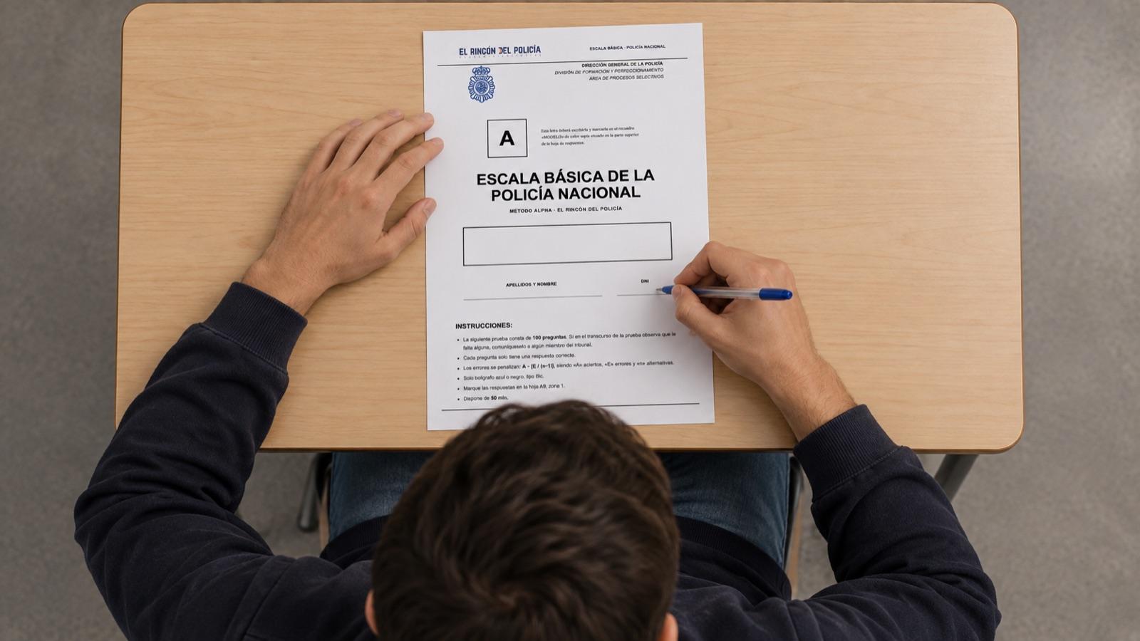 Opositor rellenando la hoja de un examen de la Escala Básica de la Policía Nacional